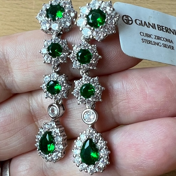 GIANI BERNINI GREEN CZ FLOWER LONG DANGLE DROP EARRINGS 925 STERLING SLVER BNWT